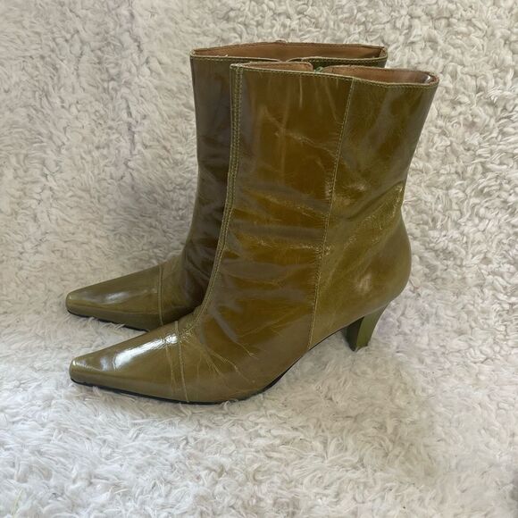 Sandra textured leather ankle heels boots in olive green pointed toes SZ10M - Picture 1 of 12